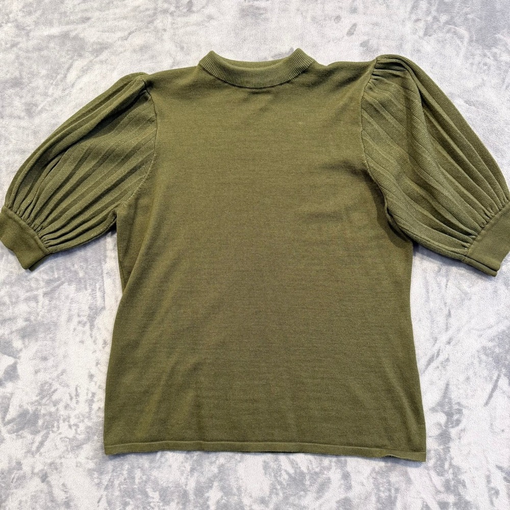 Tahari Womens Sweater Mock Neck Pleated Puff Short Sleeve Rayon Olive Green L